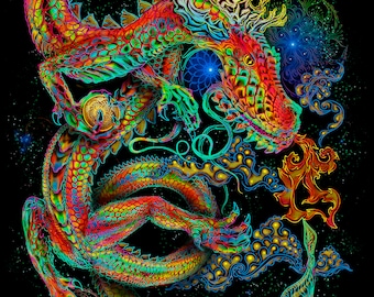 Toile de fond UV « Fairytale Dragon » - Oeuvre d'art psychédélique d'Ihtianderson, tapisserie trippy lumière noire, tenture murale, décoration psy, affiche néon à lueur active