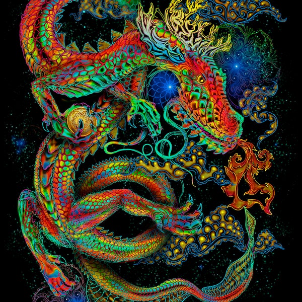 UV BACKDROP "Fairytale Dragon" - Ihtianderson psychedelic artwork black light trippy tapestry wall hanging psy decor active glow neon poster