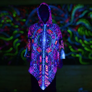 Magischer PONCHO Exo Moleculat Mind warme Festival Kleidung, Schwarzlicht UV-aktives Cape, Fraktal Trippy Mantel, Fraktal Poncho, Festival Poncho Bild 3