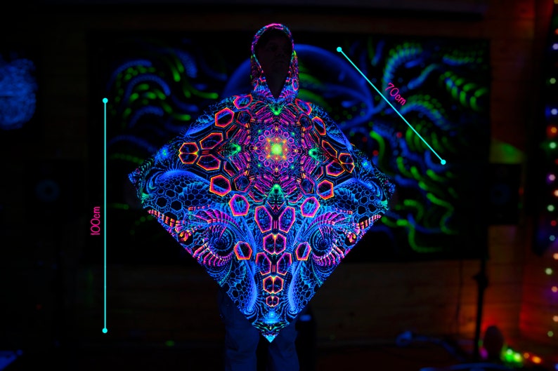 PONCHO magique Rising Energy , cape réactive aux UV lumière noire, manteau Trippy psytrance fractal, mandala néon, poncho fractal image 9