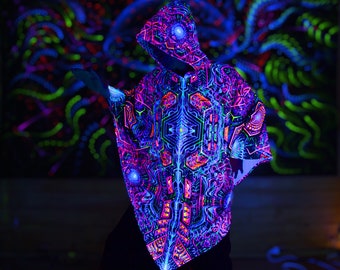 Magic PONCHO “Rising Energy” warm festival wear, Blacklight UV reactive cape, fractal Trippy Psytrance mantle, neon mandala, fractal poncho