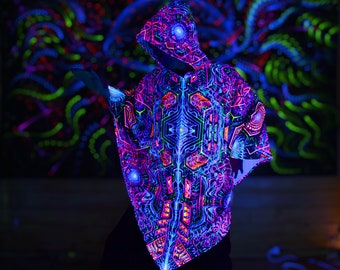 Magische PONCHO "Exo Moleculat Mind" warme festivalkleding, Blacklight UV-reactieve cape, fractal Trippy mantel, fractal poncho, festivalponcho