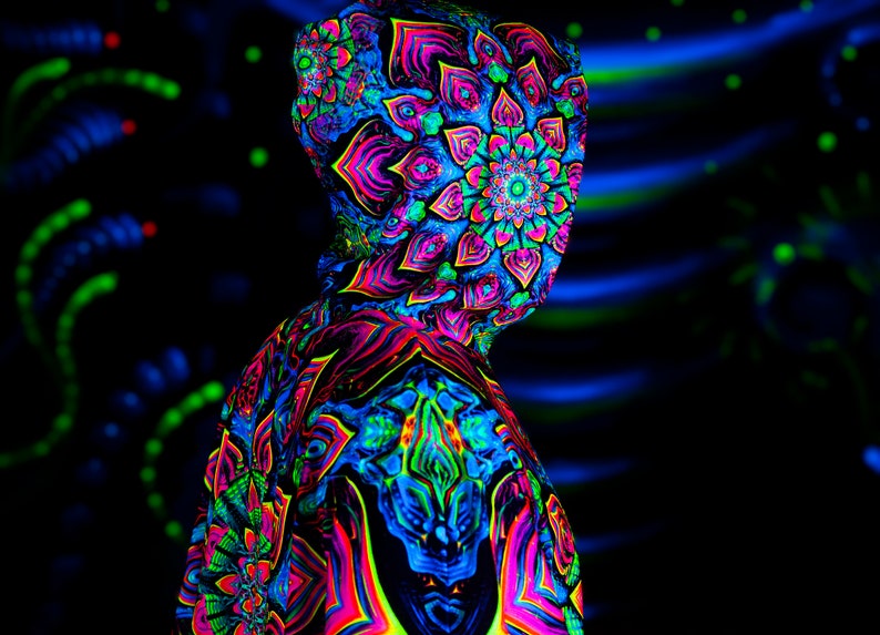 Vêtements chauds Magic PONCHO Mandala , cape réactive aux UV lumière noire, manteau fractal Trippy Psytrance, poncho fractal, poncho de festival image 8