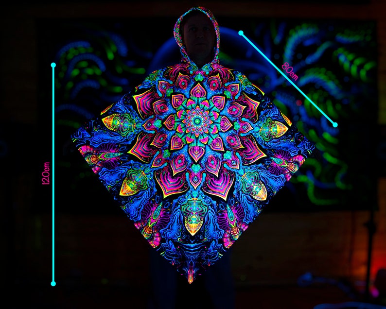 Vêtements chauds Magic PONCHO Mandala , cape réactive aux UV lumière noire, manteau fractal Trippy Psytrance, poncho fractal, poncho de festival image 6