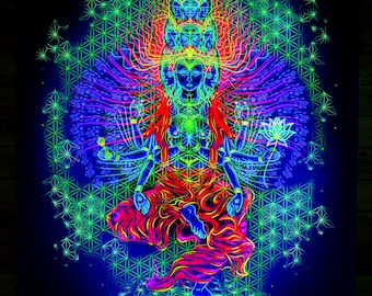 TAPISSERIE UV « Avalokiteshvara » - Toile de fond psychédélique trippy sacrée psy lumière noire suspendue visuelle spirituelle Ihtianderson art yoga cadeau