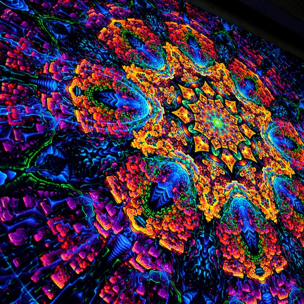 Toile de fond active lumière noire UV tenture murale Trippy Psytrance psychédélique tapisserie espace fluorescent art numérique chamanique Mandala octogonal
