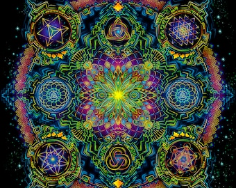 UV-TAPESTRY „Mandala“ – Ihtianderson, heilige Geometrie, trippy Yantra, Heimdekoration, Fraktal, Psy-Hintergrund, Wandbehang, Yoga, Meditation, visionäre Kunst