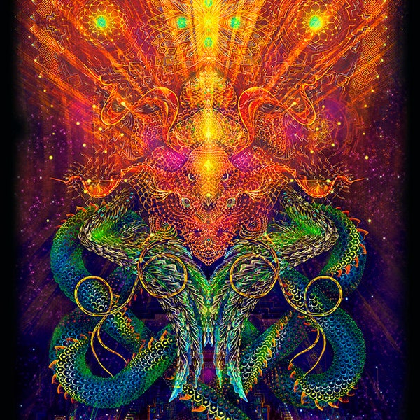 UV TAPESTRY "Dragon" blacklight psychedelic painting glow boho trippy backdrop psy poster wall hanging decor Ihti Anderson visionary artwork