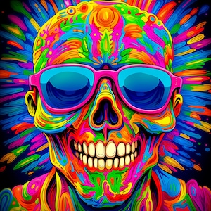 UV TAPESTRY «Ecstasy of Skull» - Blacklight glow trippy hippie backdrop uv psychedelic print wall hanging acid room decor psy visionary art