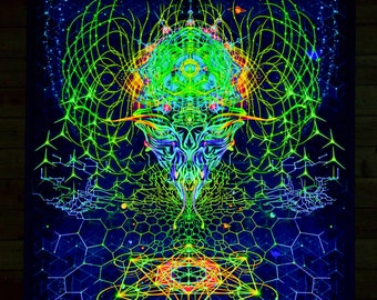TAPISSERIE OVNI « Alien Mind » - Ihtianderson psychédélique trippy toile de fond espace sacré art uv réactif lumière noire tenture murale cadeau psychédélique