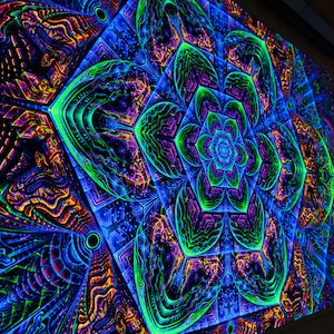 UV ブラックライト アクティブ 背景 壁掛け トリッピー サイケデリック タペストリー 蛍光スペース フラクタル デジタルアート 六角形 マンダラ