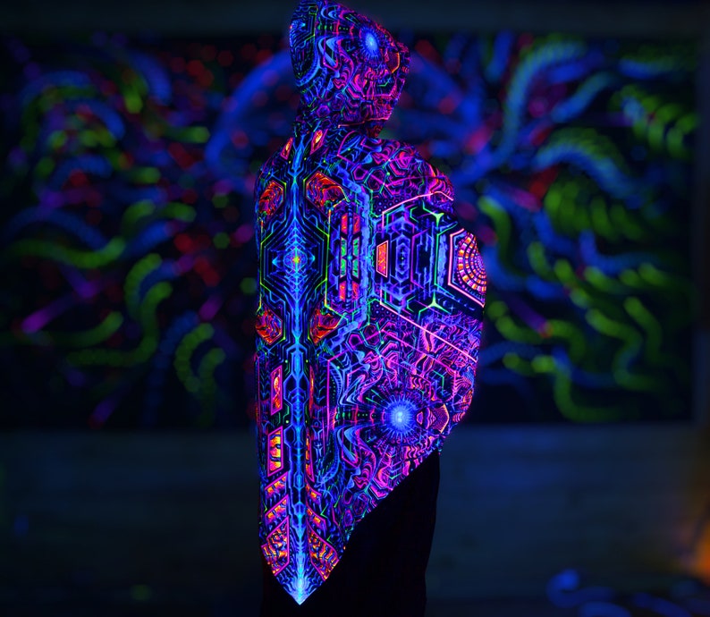 Magischer PONCHO Exo Moleculat Mind warme Festival Kleidung, Schwarzlicht UV-aktives Cape, Fraktal Trippy Mantel, Fraktal Poncho, Festival Poncho Bild 5