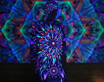 Magic PONCHO “Rising Energy” warm festival wear, Blacklight UV reactive cape, fractal Trippy Psytrance mantle, neon mandala, fractal poncho