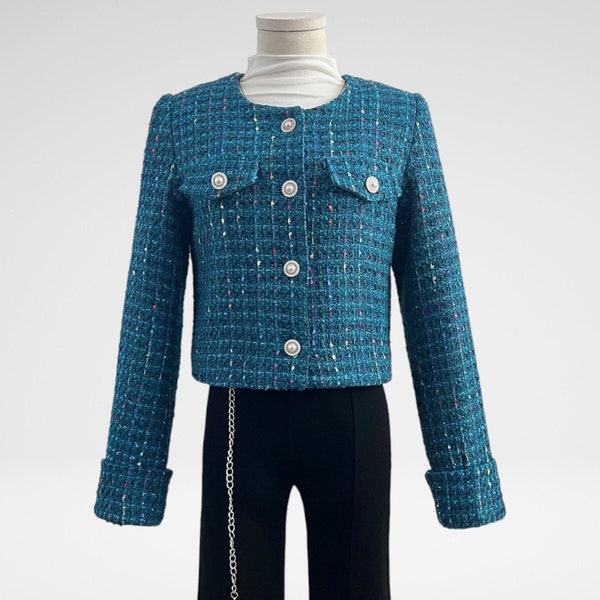 Die Calantha Blaue Tweed Jacke - Kurzer Blazer - Kurze Jacke