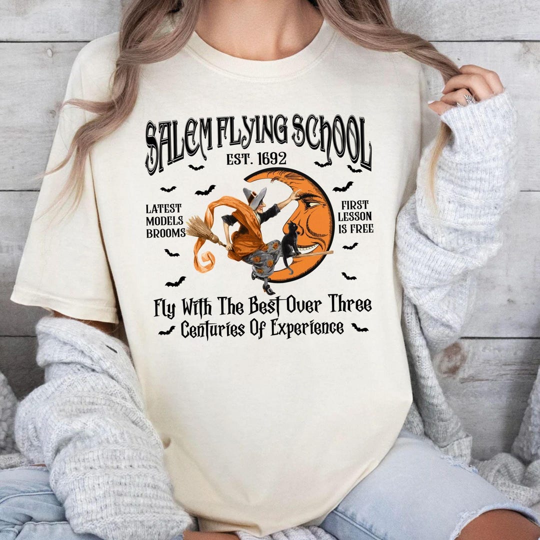Salem Flying School Shirt, Salem Witch Tshirt, Halloween Witch Tee