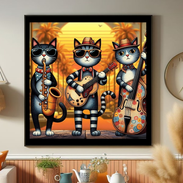 Jazz Paws Trio: A Sunset blvd Rhapsody- Digital Cat Print- INSTANT DOWNLOAD - Gift for Cat Lovers, Music lovers, Mom, Dad, Friend, Him, Her.