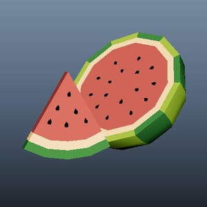 Peut inclure: Illustration stylisée d'une tranche de pastèque et d'une demi-pastèque. La pastèque a un intérieur rouge avec des graines noires, une peau verte et une bordure blanche. Le fond est bleu-gris uni.