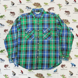 80&#39;s FIVE BROTHER / Cotton Flannel Shirt / American Casual / Green and Blue Button-Up Shirt