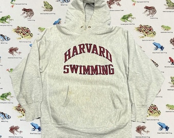 90&#39;s Champion /  Reverse Weave  Hoodie / &#39;Harvard Swimming&#39; / Light Grey / Parka School Sports Pullover Sweatshirt