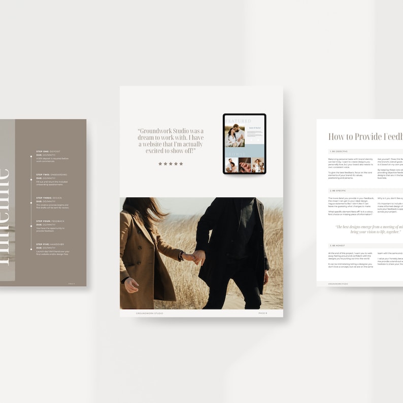 Puede incluir: Una pareja camina de la mano por un campo de hierba alta. El texto "Groundwork Studio was a dream to work with. I have a website that I'm actually excited to show off!" se muestra debajo de la imagen. Cinco estrellas se muestran debajo del texto.