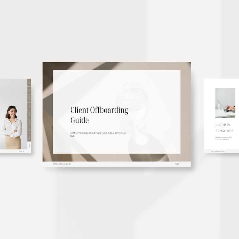 K&ouml;nnte beinhalten: Eine wei&szlig;e Seite mit dem Titel "Client Offboarding Guide" und dem Text "Alle Informationen zu Ihrem Projekt an einem zentralen Ort." Die Seite ist Teil eines gr&ouml;&szlig;eren Dokuments mit dem Titel "Offboarding Guide" und der Seitenzahl "Seite 1".