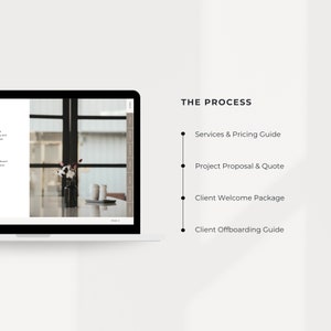 K&ouml;nnte beinhalten: Ein Laptop-Bildschirm zeigt eine Website mit einem Schwarzwei&szlig;bild eines Caf&eacute;-Innenraums. Der Text der Website lautet "THE PROCESS" und listet die folgenden Schritte auf: Dienstleistungen & Preis&uuml;bersicht, Projektangebot & Kostenvoranschlag, Willkommenspaket f&uuml;r Kunden, Kunden-Offboarding-Leitfaden.