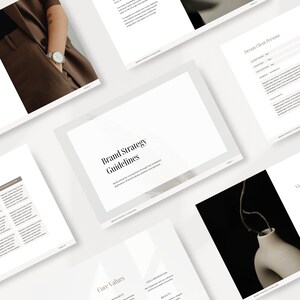 May include: A white page with the text "Brand Strategy Guidelines" in black text. The text is centred on the page and is surrounded by a white background. The page is part of a larger document that includes other pages with different information.