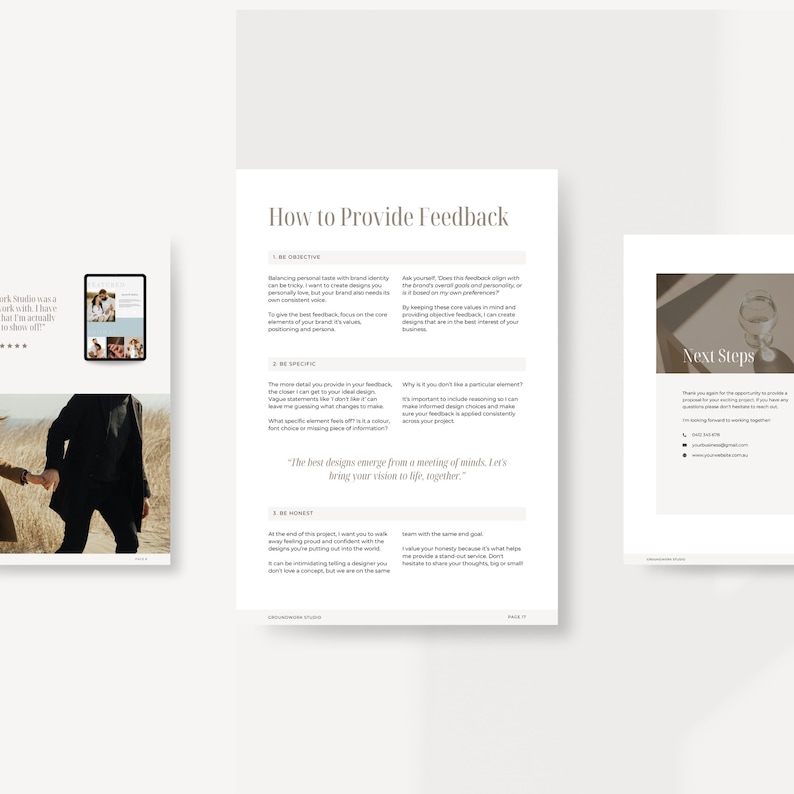 Puede incluir: Una p&aacute;gina de una gu&iacute;a sobre c&oacute;mo proporcionar comentarios sobre proyectos de dise&ntilde;o. La p&aacute;gina tiene un fondo beige con texto negro. El texto incluye los t&iacute;tulos "Ser objetivo", "Ser espec&iacute;fico" y "Ser honesto". El texto tambi&eacute;n incluye la cita "Los mejores dise&ntilde;os surgen de una reuni&oacute;n de mentes. Traigamos su visi&oacute;n a la vida, juntos."