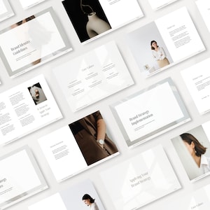 May include: A brand identity guide with a white background and black text. The guide includes sections on brand strategy implementation, core values, and areas to apply your strategy.