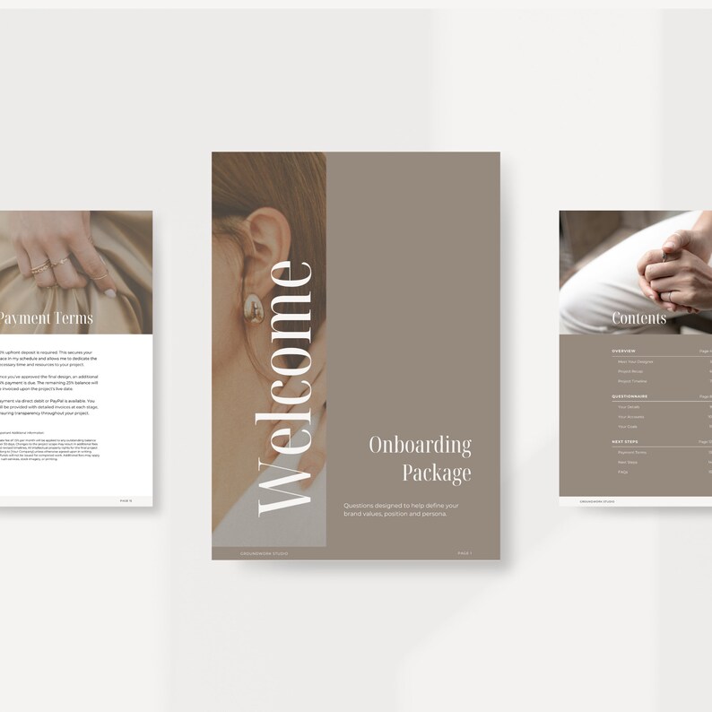 K&ouml;nnte beinhalten: Eine Willkommensseite f&uuml;r ein Onboarding-Paket mit braunem Hintergrund und dem Text "Welcome" in Wei&szlig;. Der Text "Onboarding Package" ist ebenfalls in Wei&szlig; und der Text "Fragen, die Ihnen helfen, Ihre Markenwerte, Positionierung und Pers&ouml;nlichkeit zu definieren" ist in einer kleineren Schriftgr&ouml;&szlig;e.