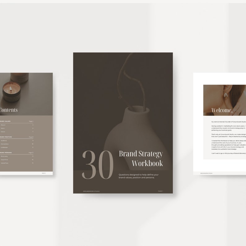 Może przedstawiać: Brązowo-biały zeszyt ćwiczeń zatytułowany "Brand Strategy Workbook" z liczbą 30 w dużym białym foncie. Zeszyt ćwiczeń został stworzony, aby pom&oacute;c w zdefiniowaniu wartości marki, pozycji i persony. Okładka przedstawia stylizowane zdjęcie wazonu z gałązką.
