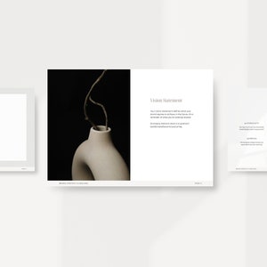 May include: A black and white image of a white ceramic vase with a branch of dried twigs inside. The text "Vision Statement" is in the upper right corner of the image. The text reads "Your Vision Statement defines what your brand aspires to achieve in the future. It's a reminder of what you're working toward. [Company Name]'s vision is to position [build/create/become] [outcome]."