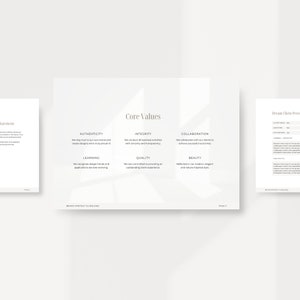 May include: A white and grey presentation slide with the text "Core Values" in a black font. The slide is divided into five sections, each with a different value: Authenticity, Integrity, Collaboration, Learning, Quality, and Beauty. Each value is described in a few sentences.