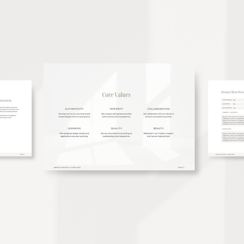 May include: A white and grey presentation slide with the text "Core Values" in a black font. The slide is divided into five sections, each with a different value: Authenticity, Integrity, Collaboration, Learning, Quality, and Beauty. Each value is described in a few sentences.
