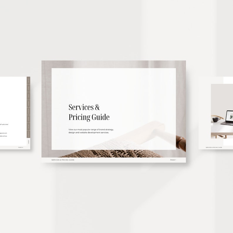 K&ouml;nnte beinhalten: Eine Seite aus einem Service- und Preisleitfaden mit dem Text "Services & Pricing Guide" und "View our most popular range of brand strategy, design and website development services". Die Seite hat einen braunen Strickstoff-Hintergrund.