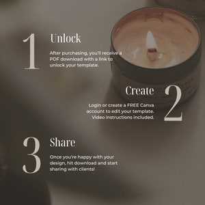 May include: Three steps to unlock, create, and share a digital template. Step 1: Unlock. Step 2: Create. Step 3: Share. The image features a lit candle and a brown background.