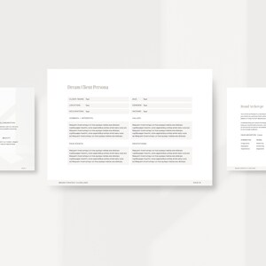 May include: A white and grey document with the title "Dream Client Persona" and "Brand Archetype". The document includes sections for client name, location, occupation, hobbies, interests, pain points, hesitations, age, gender, income, and values.