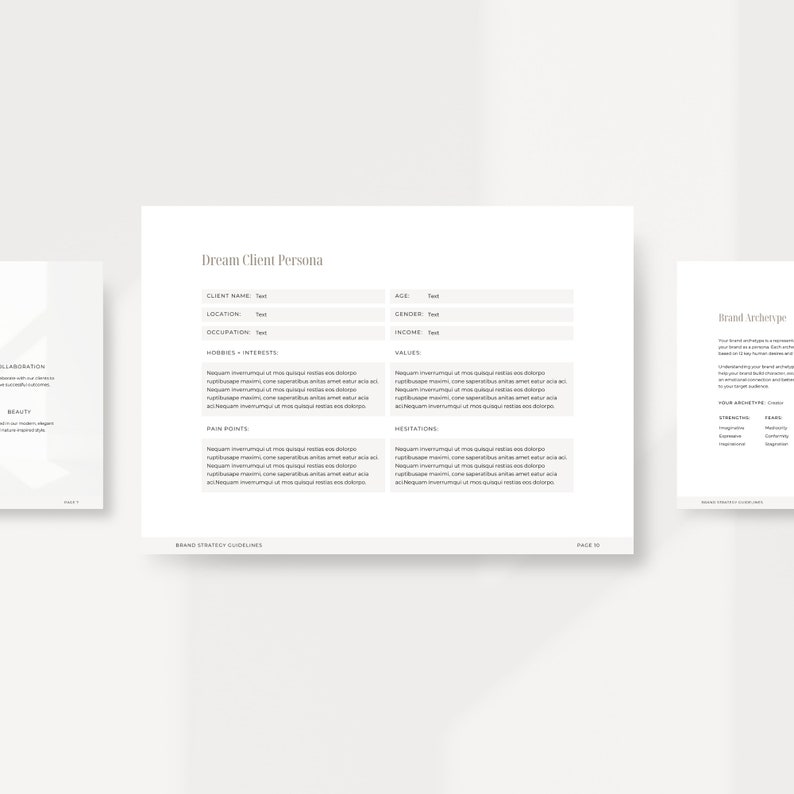 May include: A white and grey document with the title "Dream Client Persona" and "Brand Archetype". The document includes sections for client name, location, occupation, hobbies, interests, pain points, hesitations, age, gender, income, and values.