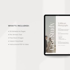Puede incluir: Una tableta digital que muestra un estudio de caso para Wildheart Photography, un negocio que ayuda a los fot&oacute;grafos a hacer crecer su negocio. El estudio de caso incluye una descripci&oacute;n general, un objetivo, entregables y resultados. El texto en la tableta est&aacute; en blanco sobre un fondo gris claro.