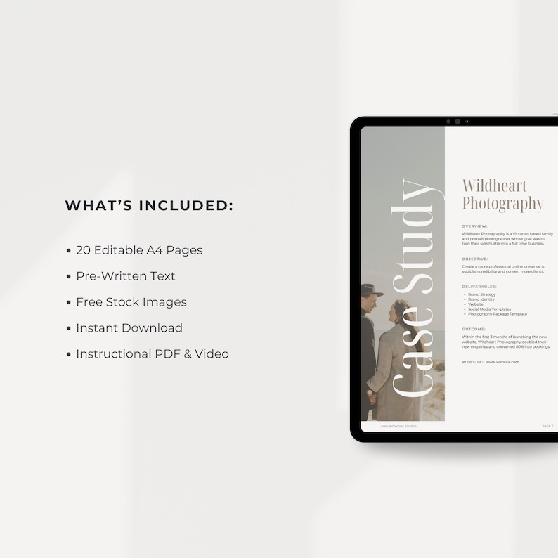 Puede incluir: Una tableta digital que muestra un estudio de caso para Wildheart Photography, un negocio que ayuda a los fot&oacute;grafos a hacer crecer su negocio. El estudio de caso incluye una descripci&oacute;n general, un objetivo, entregables y resultados. El texto en la tableta est&aacute; en blanco sobre un fondo gris claro.