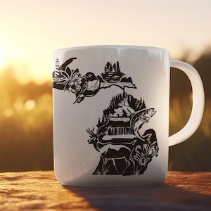 Great Lakes State Of Michigan Scenic Silhouette Souvenir Travel Ceramic Coffee Mug, 11oz