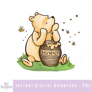May include: A digital illustration of a cartoon bear sitting on green grass, looking up at bees and hearts. The bear is next to a brown honey pot with the word "HUNNY" on it. The image includes the text "INSTANT DIGITAL DOWNLOAD - PNG".