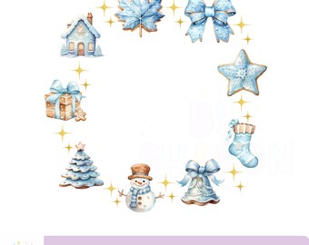 Weihnachtskranz PNG, blaue Weihnachtssublimation, Santa Sack Design, Lebkuchen, sofortiger digitaler Download