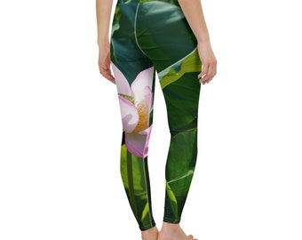 Leggings con stampa floreale - Fiore di loto - Verde e rosa.