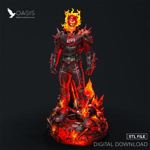 Fichier STL de guerrier crâne enflammé, statue d'armure à pointes, base de diorama (téléchargement numérique)