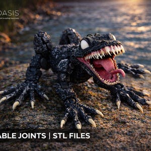May include: A detailed, articulated black creature with white teeth and a pink tongue, posed on a rock. The creature has large claws and is set against a blurred background of water and sky. Text on the image reads "MOVABLE JOINTS | STL FILES".
