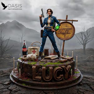 Può includere: Una statuetta dettagliata di un personaggio in tuta blu in piedi su una base circolare con il nome LUCY in grandi lettere. Il personaggio impugna una pistola e indossa un dispositivo da polso verde luminoso. Include una bottiglia Nuka-Cola e un kit medico.