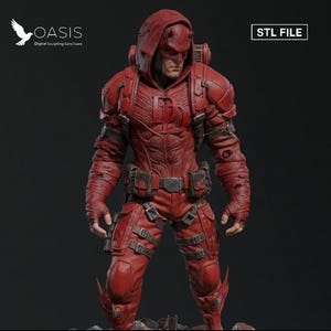 Peut inclure: Figurine rouge d'un super-héros avec un costume détaillé, un capuchon et un masque. La figurine a un aspect texturé et se tient sur une base rocheuse. L'image comprend le texte "STL FILE" et un logo.