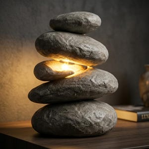 Op de afbeelding: Een tafellamp opgebouwd uit vijf gestapelde grijze stenen van verschillende groottes. De stenen zijn in een verticale kolom gerangschikt, met een warm, gloeiend licht dat uit de opening tussen de tweede en derde steen van boven komt.