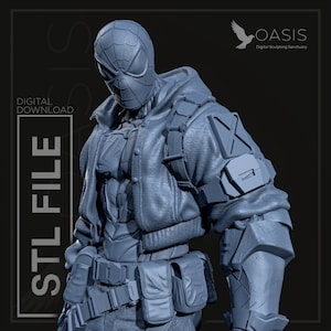 May include: A 3D digital STL file of a superhero figure in a tactical outfit. The figure is wearing a mask, jacket, and utility belt. The image includes the text "STL FILE" and "DIGITAL DOWNLOAD". The Oasis logo is in the upper right corner.